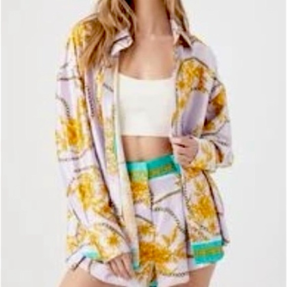 Floral and chain print button up shirt